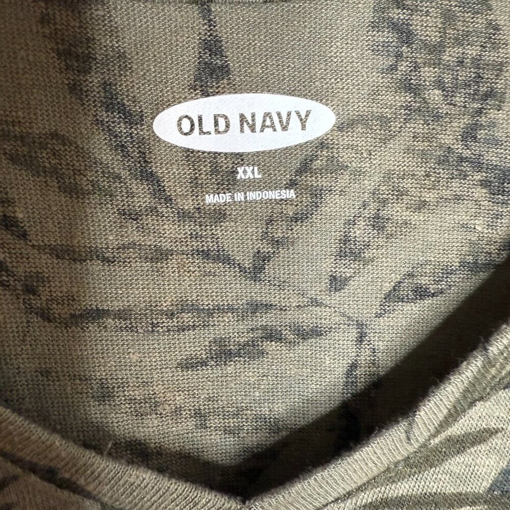 Old Navy Linen Blend Green w Palm Leaf Pattern VNeck Short Sleeve‎ Shirt Wm XXL - Picture 3 of 5